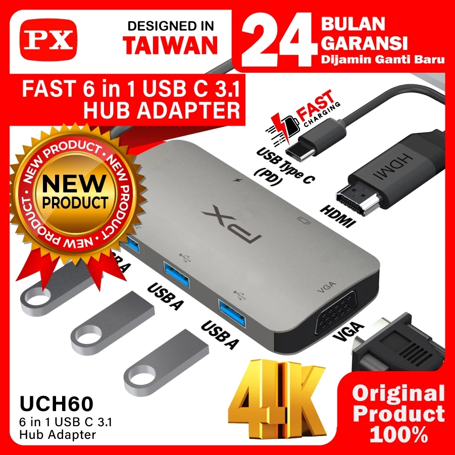 PX Converter Hub Adapter 6 in 1 Type C 3.1 to HDMI 4K VGA USB - UCH60