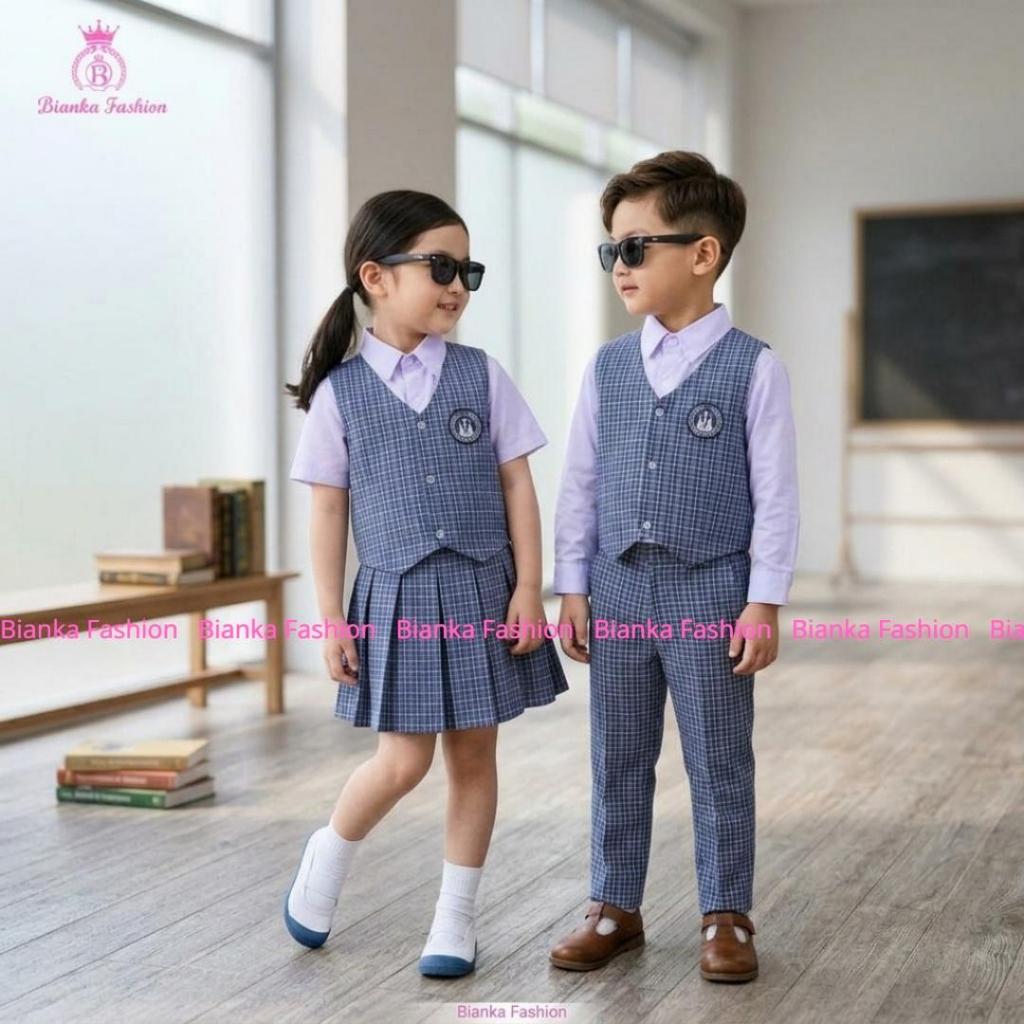 Bianka Fashion - Set Seragam Rompi Kotak Biru TK/Paud Nasional Laki-Laki dan Perempuan Panjang/Pende