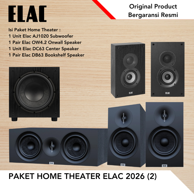 Paket Home Theater Elac 2026 (1) Elac AJ1020 Subwoofer Elac OW42 OnWall Speaker Elac DC63 Speaker Ce