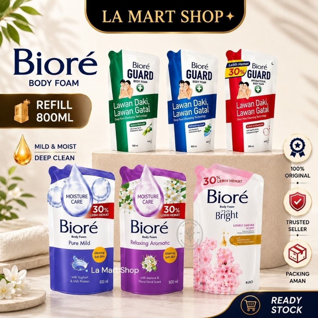 Biore Body Wash Refill Pouch  / Sabun Mandi Cair 800ML - Relaxing Aromatic , Pure Mild , Sakura / Bi