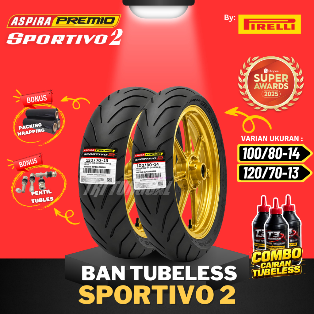 [READY COD] BAN ASPIRA PREMIO SPORTIVO 2 ( 100/80-14 & 120/70-13 ) TUBELESS MEDIUM SOFT COMPOUND RIN