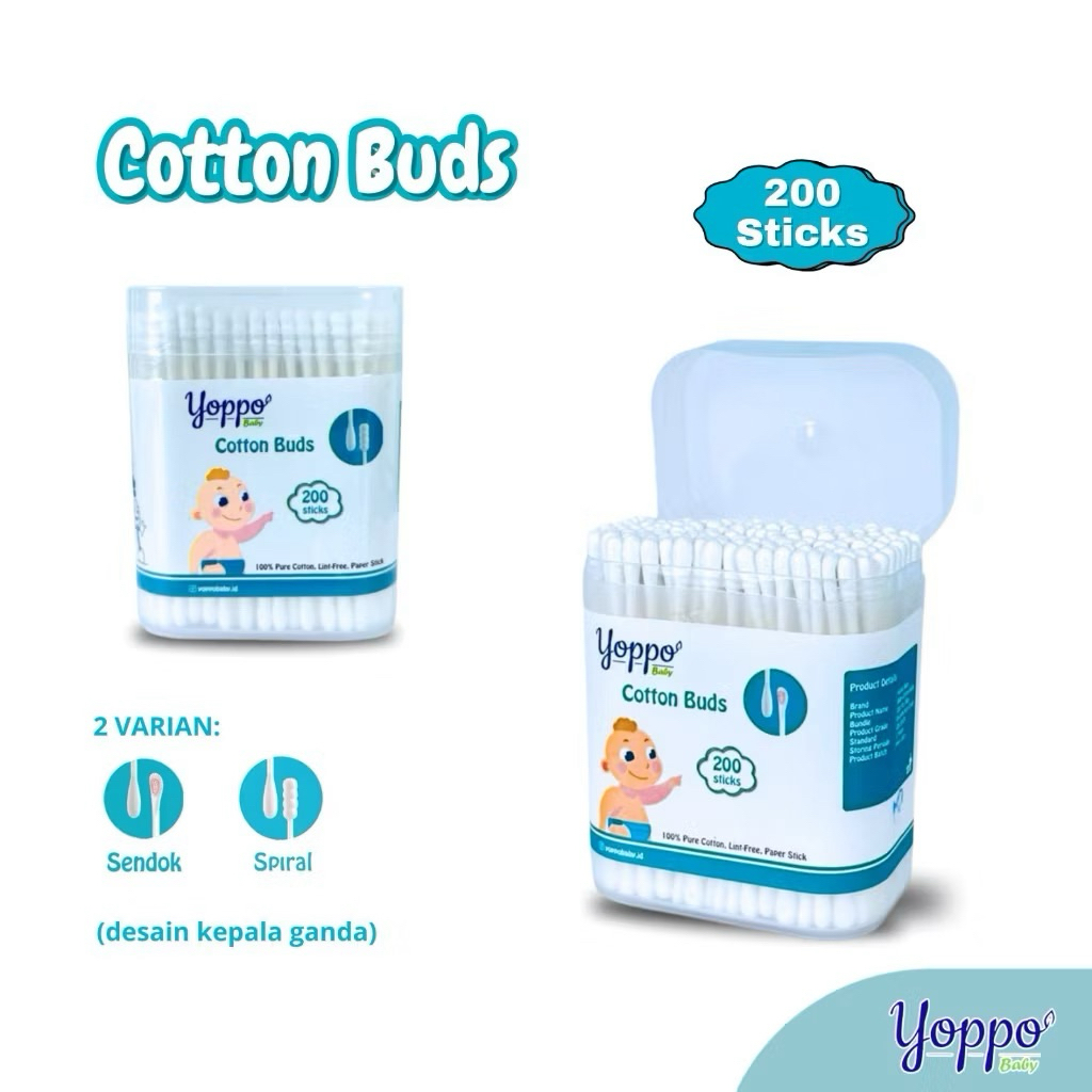 Yoppo Baby Cotton Buds Bayi 200 Sticks / Cotton Buds Sendok / Cotton Buds Spiral / Cotton Buds Baby