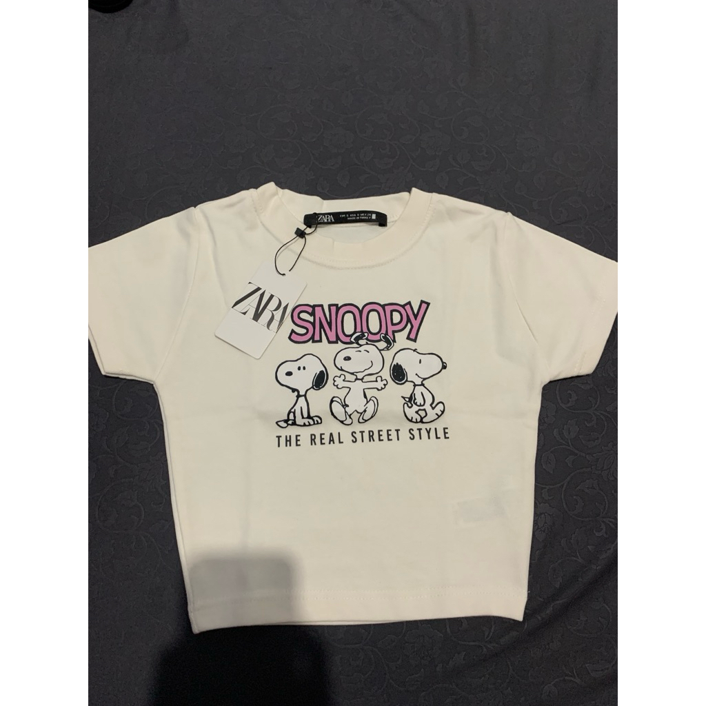 prelovedbykneith new baju zara fit crop snoopy cream