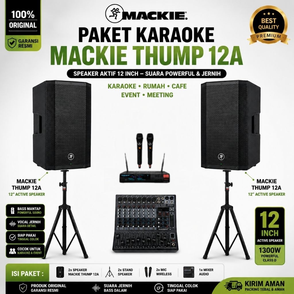 Paket Karaoke Mackie Thump 12A Original | Speaker Aktif 12 Inch + Mixer Audio + 2 Mic Wireless + Sta