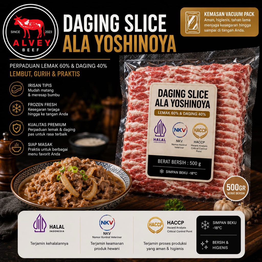 Beef Slice Gaya Yoshinoya / potongan tidak seragam– Daging Slice Tipis Alvey Beef – Frozen Halal