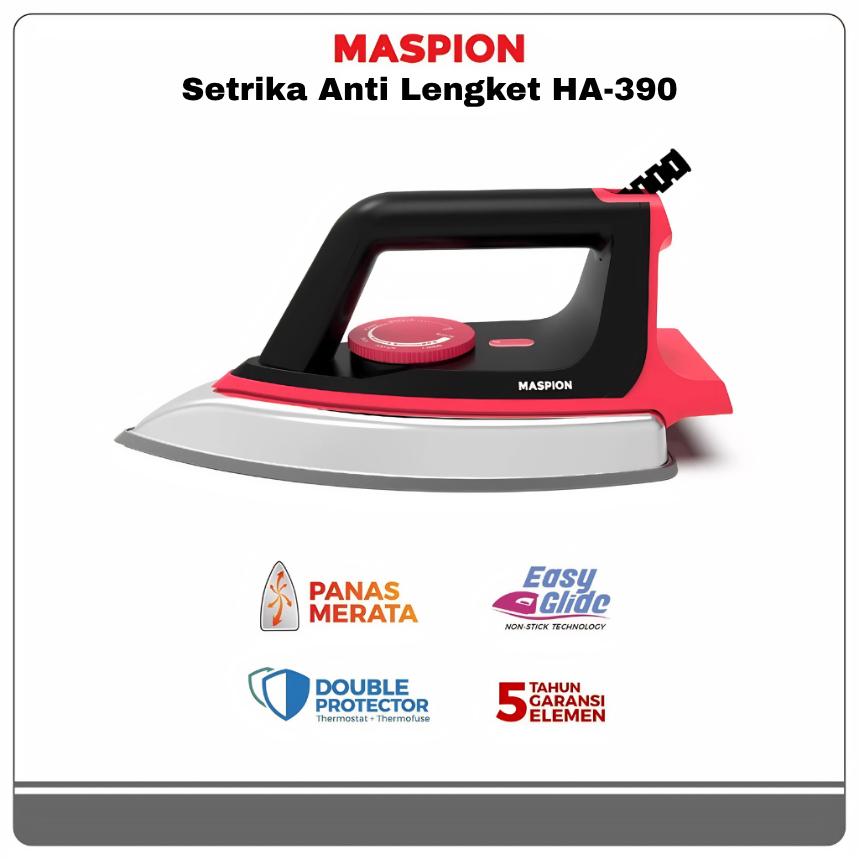 MASPION Setrika Anti Lengket Automatic Dry Iron HA-390 Merah Hitam Original Hemat Listrik