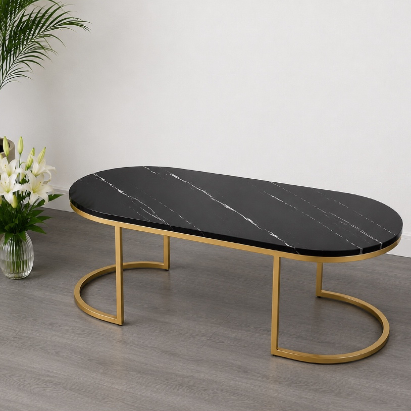 Meja Tamu Luxury Marble Top Oval,Meja Tamu Marmer Hitam Kaki Gold Premium,Meja Cafe Coffee Table Ova