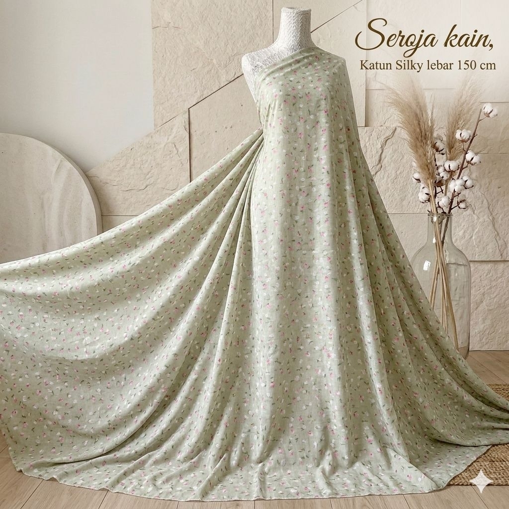Kain Katun Silky Premium Motif Bunga Tulip Hijau Matcha Sage / Bahan Gamis Dress Tunik Blouse Katun 