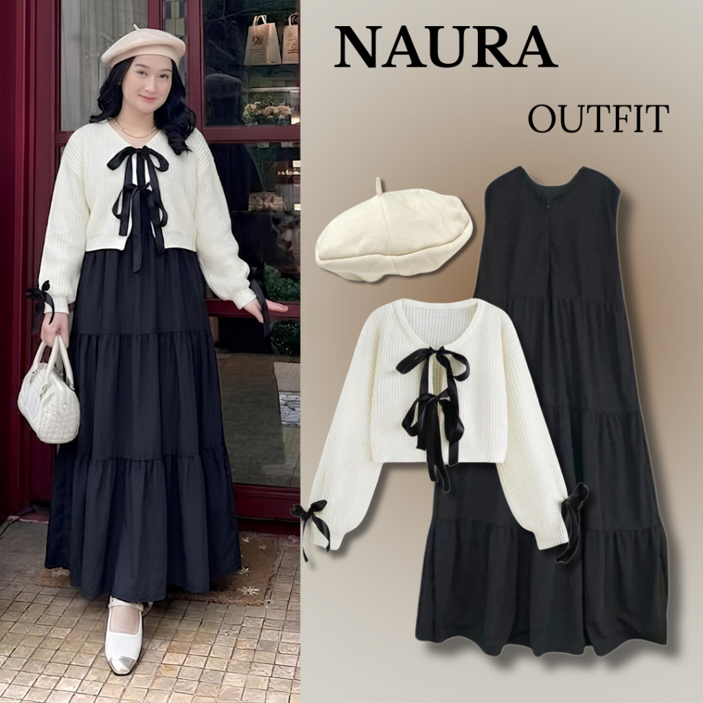 One Set naura 3in1 OTTD Korean look Non Hijab – Setelan Kekinian Topi Baret – Sweater Rajut – Inner 