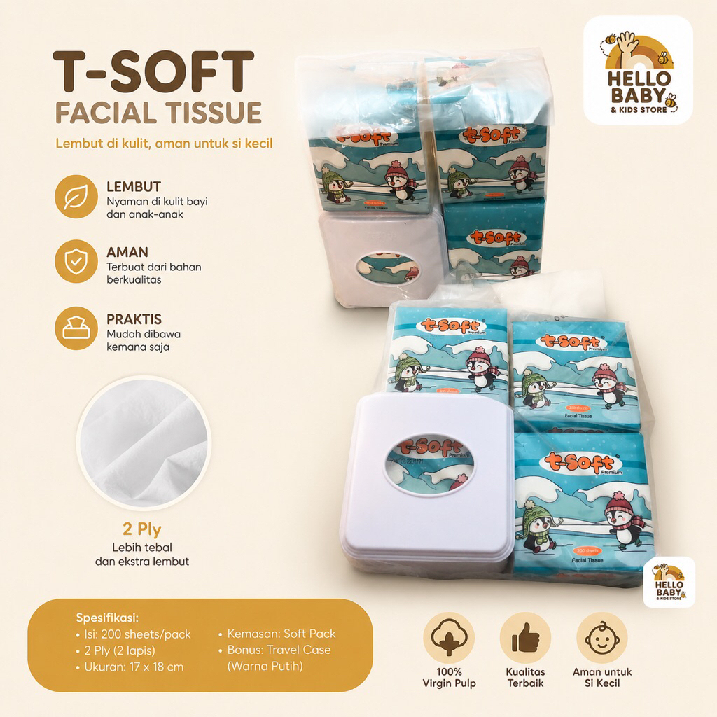 Tisu T-Soft 200sheets isi 4 pack Gratis Kotak Tissue | Tisu Kering