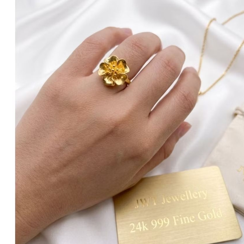 CINCIN CEWEK EMAS BUNGA MAWAR BESAR ROSE RING HK HONGKONG 24K 9999