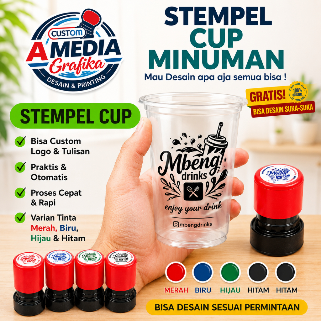 Stempel Cup Plastik Custom Logo Minuman – Tinta Anti Air & Gratis Desain