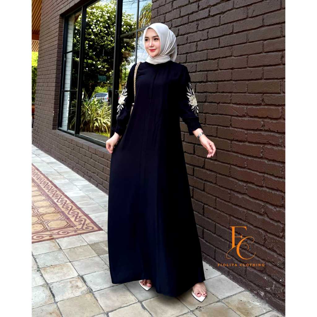 VeeKa Dress gamis Wanita Putih Premium, Bordir Lengan, Cutting A-Line, Minimalis Elegan