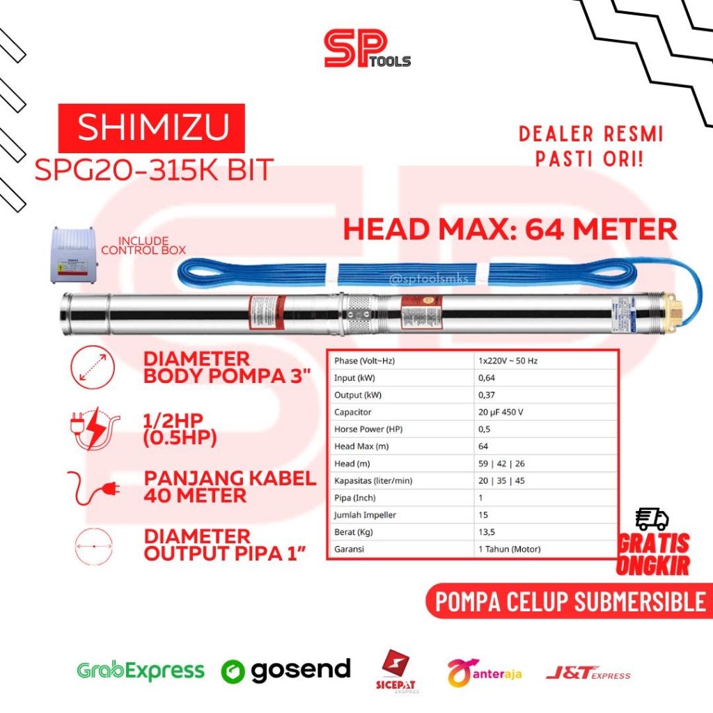 POMPA CELUP SUBMERSIBLE / POMPA SATELIT BAMBU SUMUR DALAM MAX 64 METER BODY 3" 1/2HP 0.5HP + KABEL 4