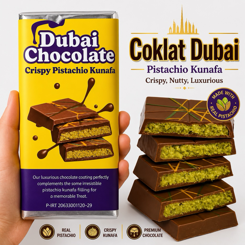 Chocolate Kunafe Dubai Original Crispy "PISTACHIO KUNAFE" Berat ±270 gr ,Size 16x8 cm ,Coklat Viral 