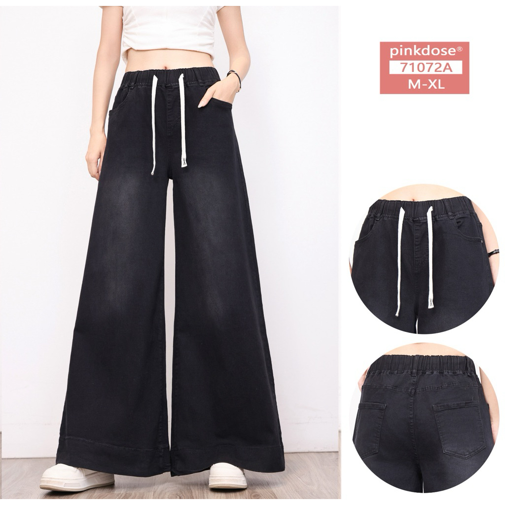 Celana Skena Jeans Hitam Pekat Wanita Pinggang Karet Bahan Jeans Stretch Pinkdose Jeansa