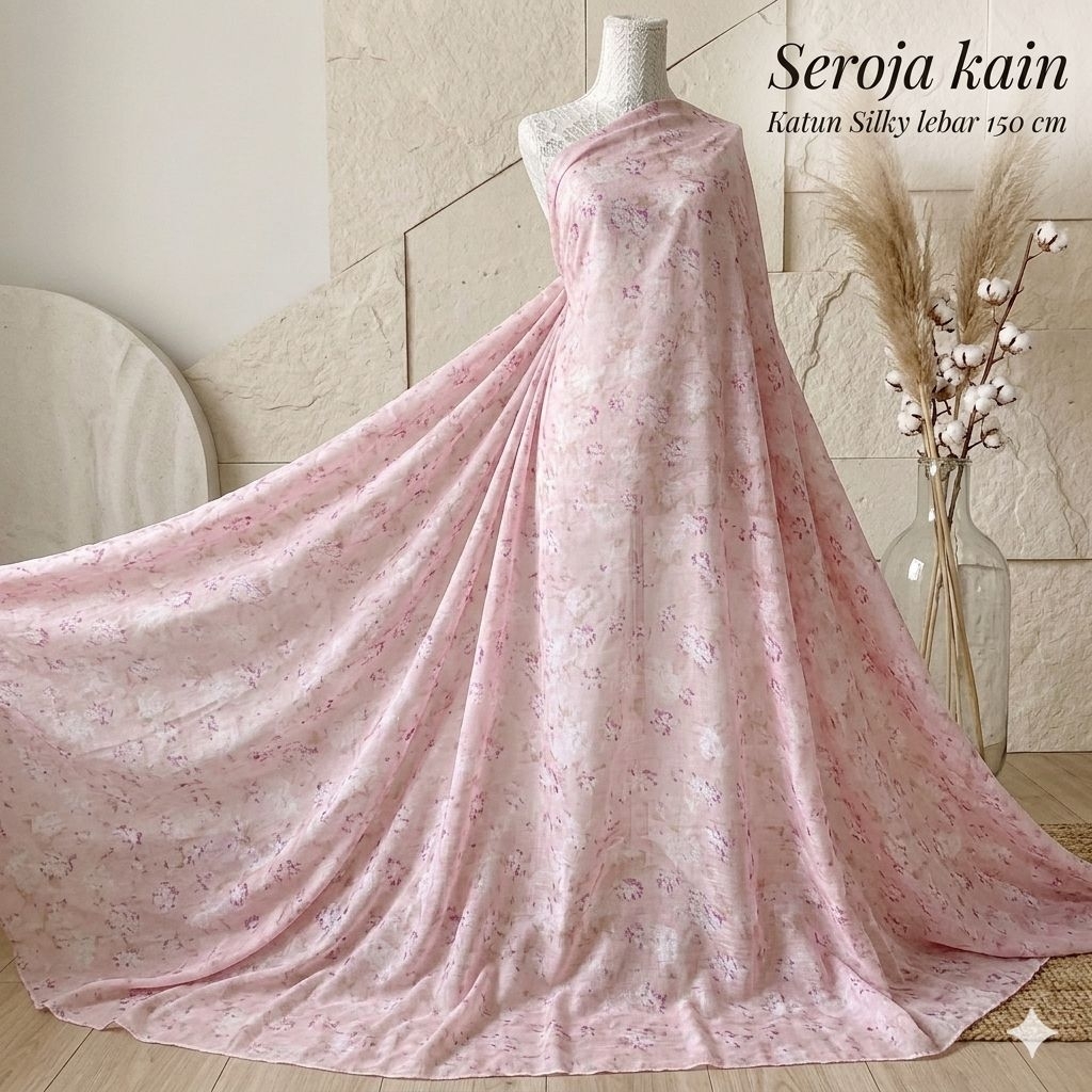 Kain Katun Silky Premium Motif Bunga Mawar Kecil Lembut Cerah - Bahan Dress Gamis Tunik Jilbab Flowy