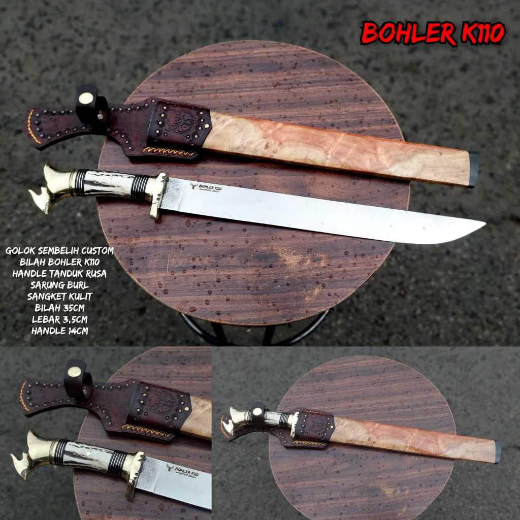Pisau Sembelih Bohler K110 Tanduk Rusa Sarung Kayu Burl