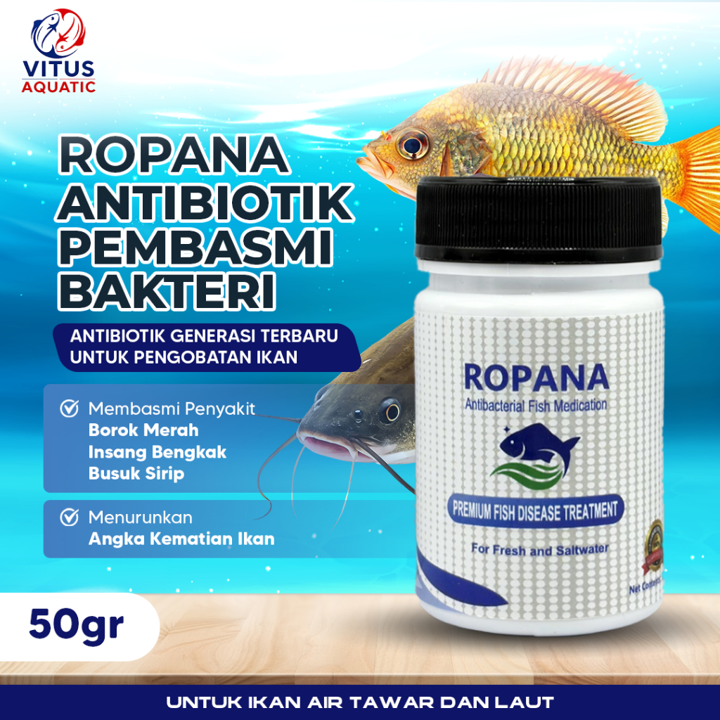 ROPANA Obat Antibiotik Ikan Sakit 50gr | Obat Ikan Lele & semua jenis ikan air tawar atau laut | Pre