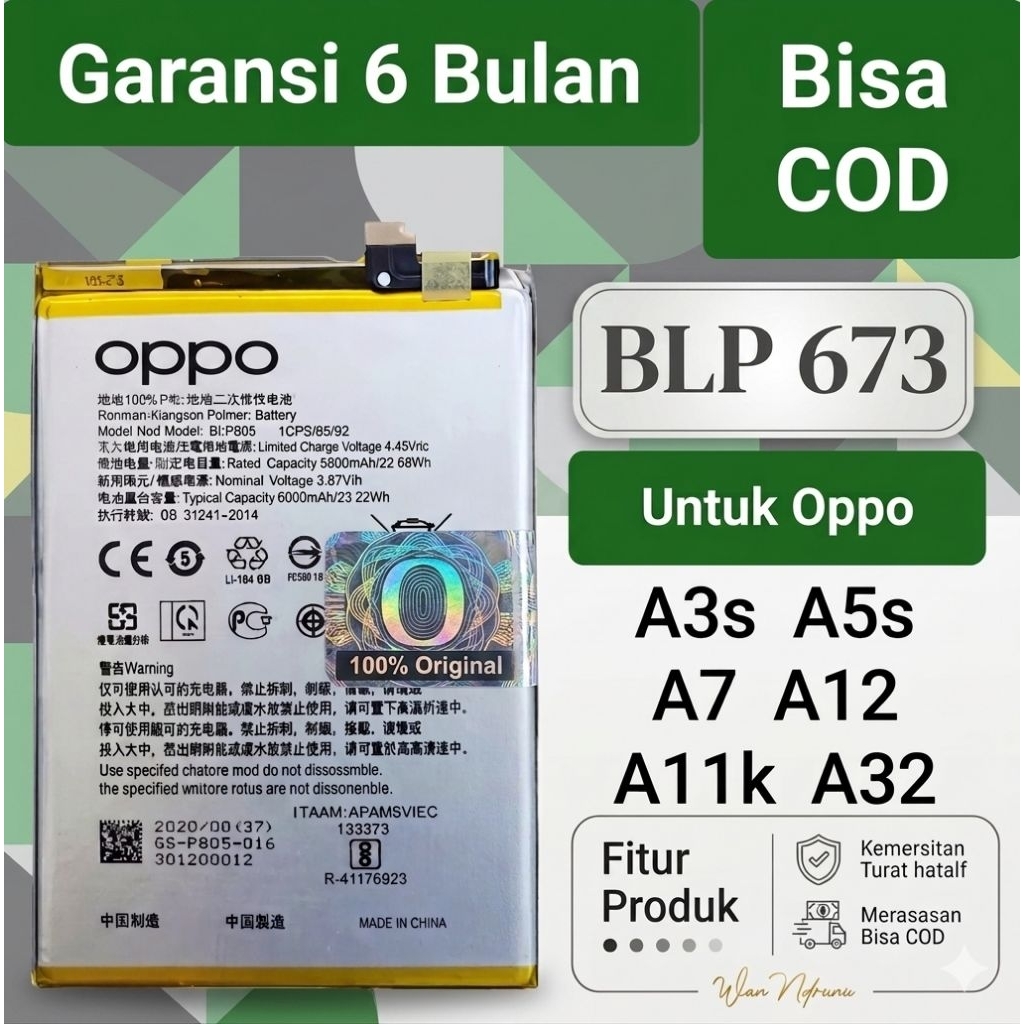 Baterai Oppo A3s,A5s,A7,A12,A31 Original Super  Asli Baru 100%