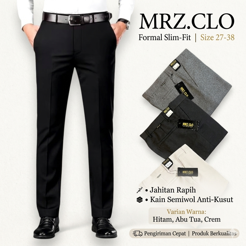 Celana Formal Pria Kain Wool Slim Fit Hitam Abu Tua Crem 27-38