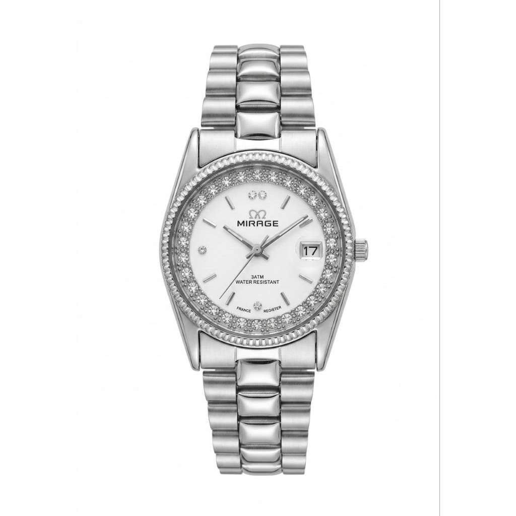 Jam Tangan Mirage 1579 Rantai Silver Dasar Putih Wanita