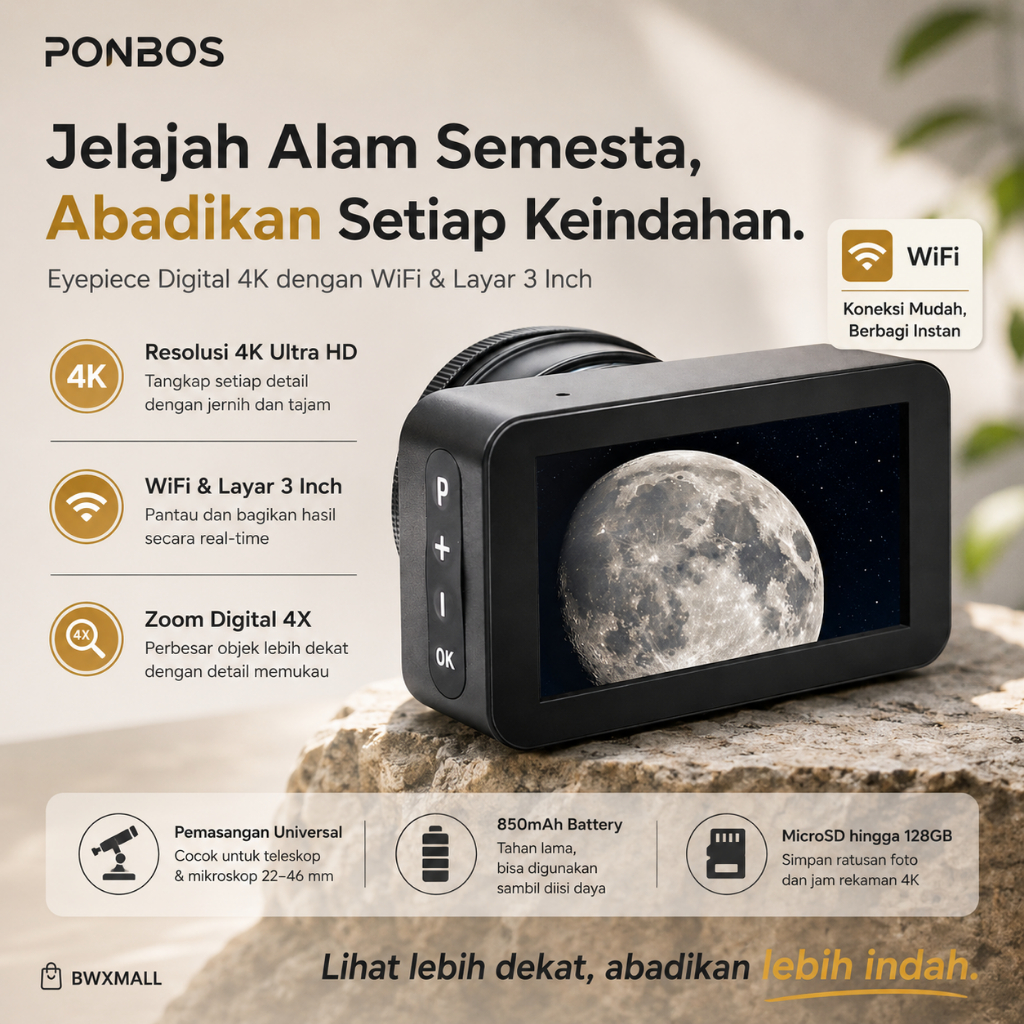Kamera Eyepiece Teleskop Digital 4K WiFi Ponbos NV009Y Layar 3 Inch Portable Universal 22-46 mm untu