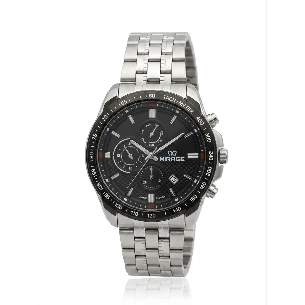 Jam Tangan Mirage 8883 Rantai Silver Dasar Hitam Cowok