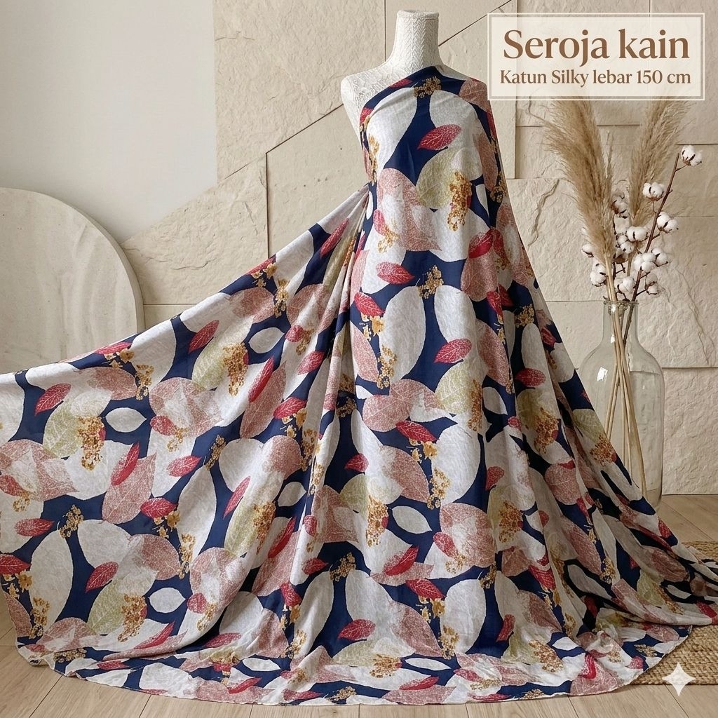 Kain Katun Silky Premium Motif Daun Abstrak Navy Terakota Lebar 150cm - Seroja Kain Kyt