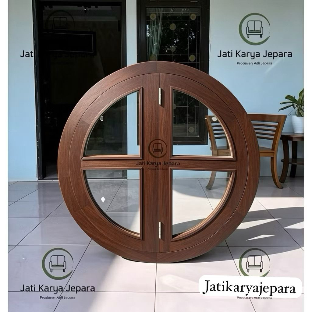 Kusen Jendela Bundar 60cm 12x6cm Natural Minimalis Kayu Jati Solid untuk Desain Rumah Modern
