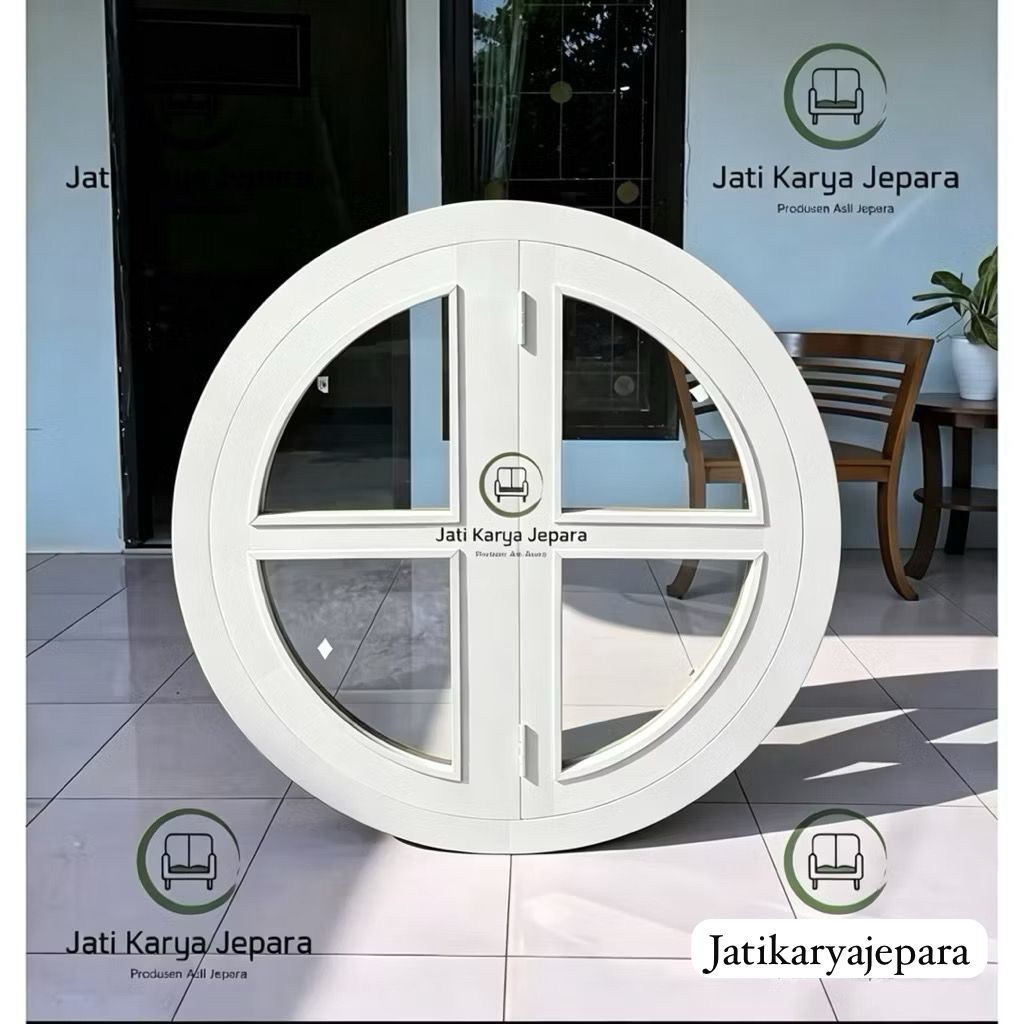 Kusen Jendela Bundar 60cm 12x6cm Putih Minimalis Kayu Jati Solid untuk Desain Rumah Modern