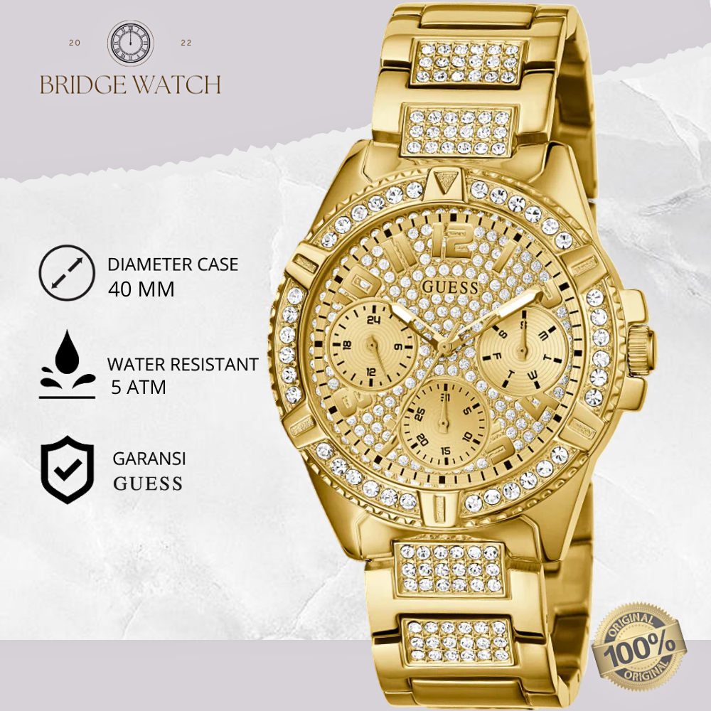 Jam Tangan Wanita Guess W1156L2 Sport Chronograph Gold Stainless Steel Strap Rantai Mewah Original