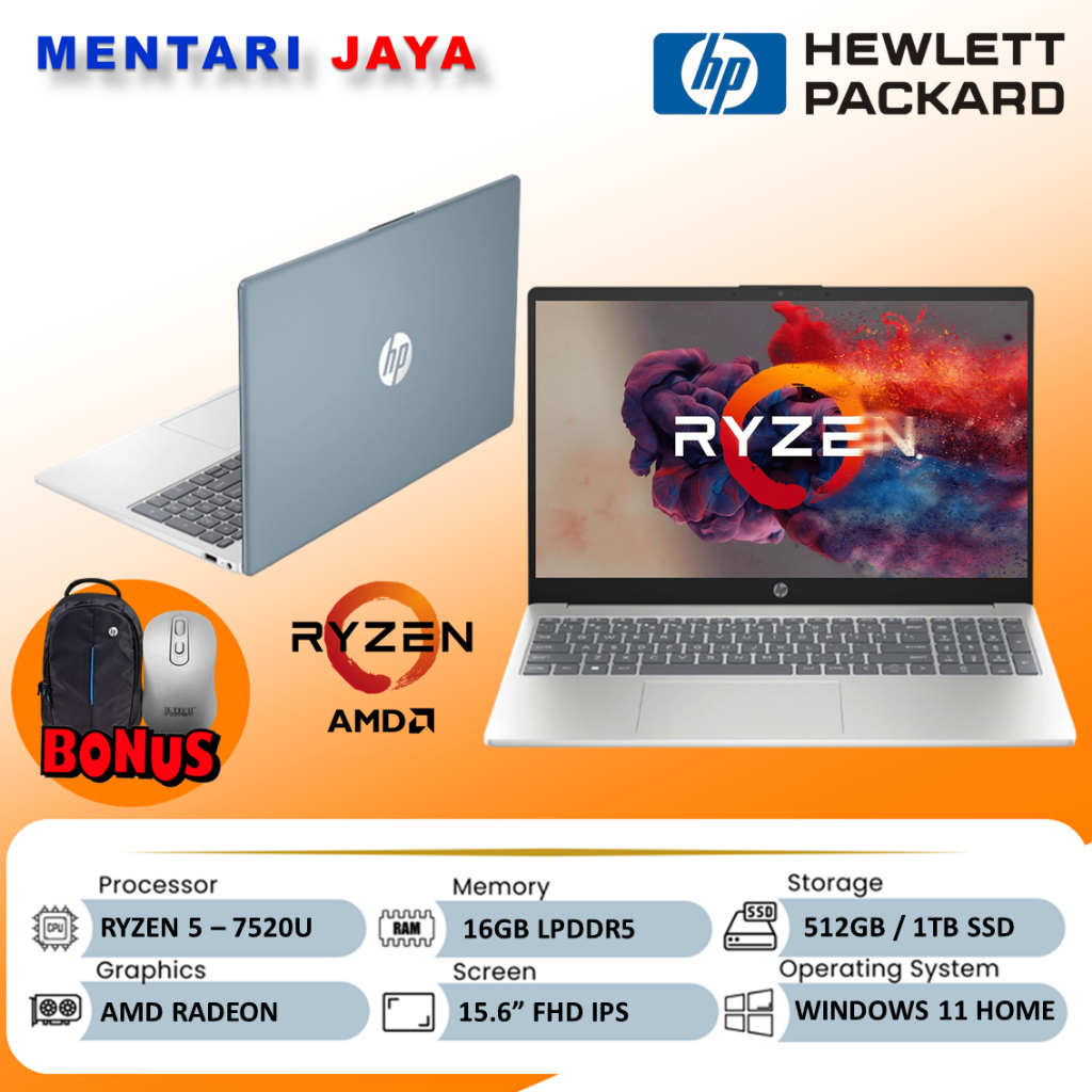 LAPTOP HP 15 AMD RYZEN 5 7520 8GB DDR5 512SSD WIN11 15.6 FHD