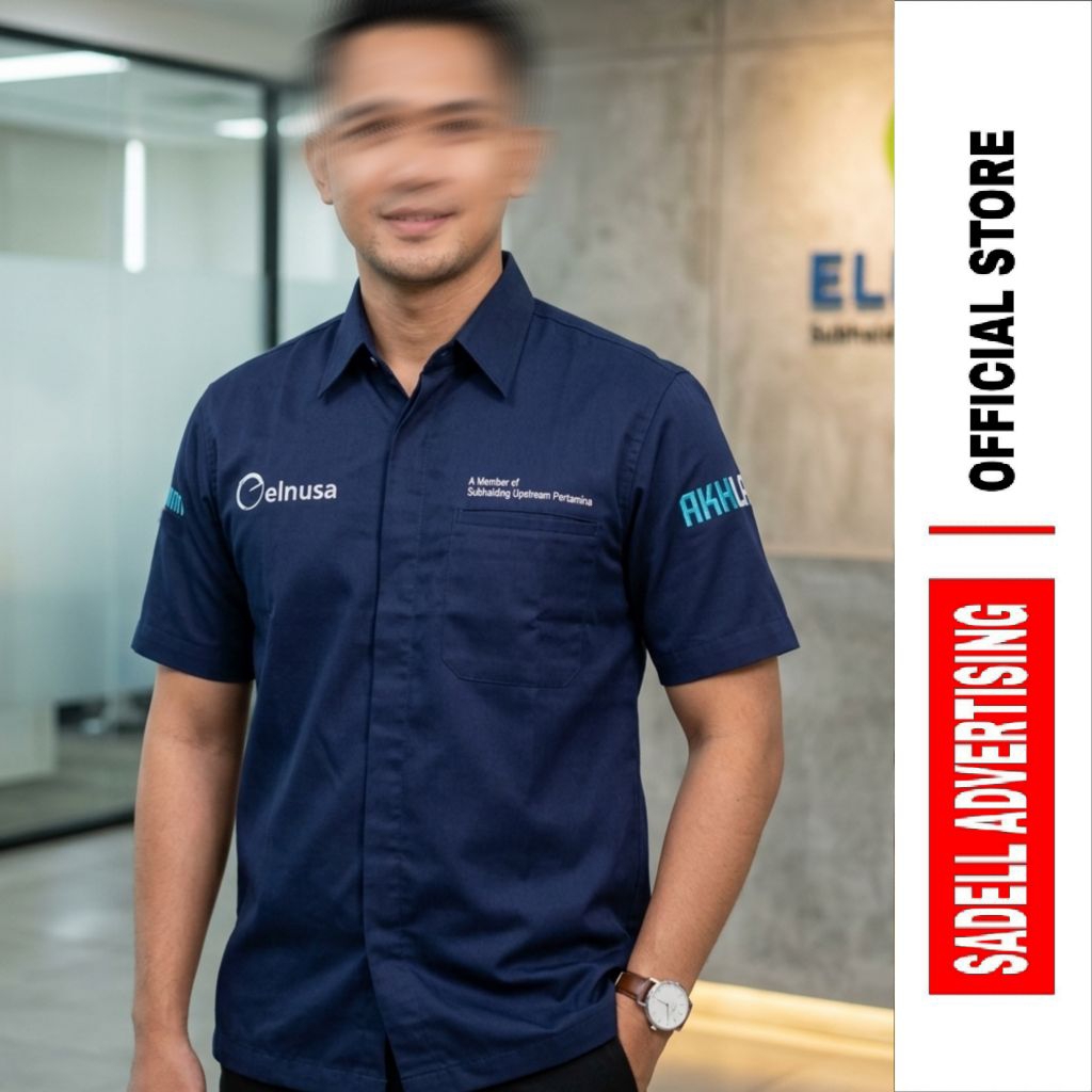 BUMN ELNUSA Kemeja ELNUSA Seragam Elnusa BUMN Baju BUMN Elnusa Navy Lengan Pendek Pria Bordir