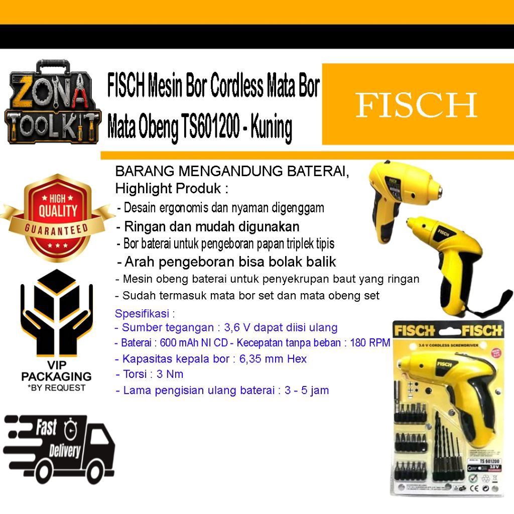 Fisch Mesin Bor Cordless Mata Bor Mata Obeng TS601200-Kuning