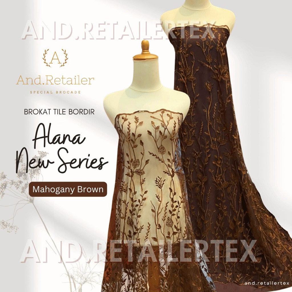 Bahan kain brokat Tile Bordir Alana New Series Warna Coklat tanah Mahogany
