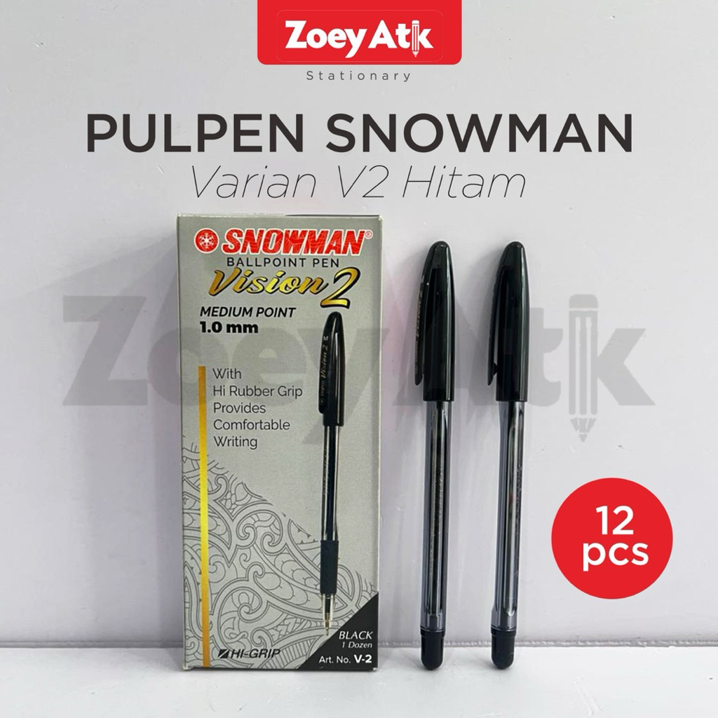 Pulpen Snowman V-2 Hitam 1 kotak isi 12pcs/ Ballpoint Snowman V2 warna Hitam