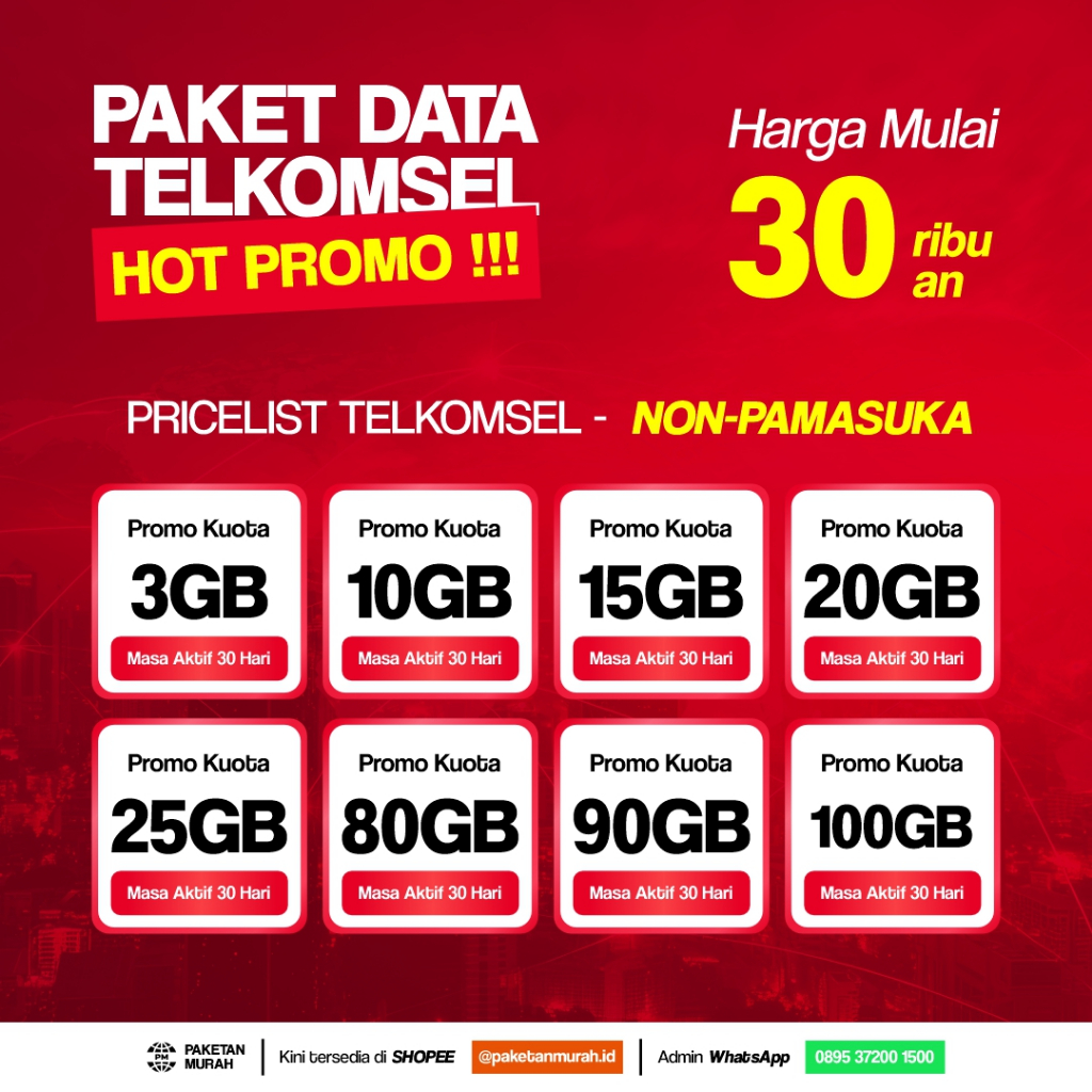 Paket Data Telkomsel 3GB - 100GB 30 Hari Reguler - Kuota Internet Tsel Murah Promo Non Pamasuka