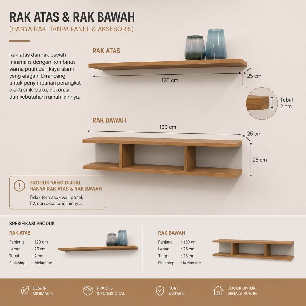 Rak TV Dinding Minimalis 120cm Rak Atas Rak Bawah Kayu Estetik Modern