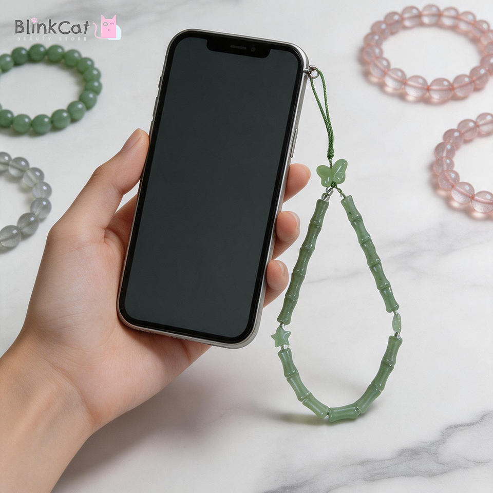 BlinkCat -Natural Aventurine Phone Strap-Tali Gantungan HP Giok Dongling Aventurine Alami - Tali HP 