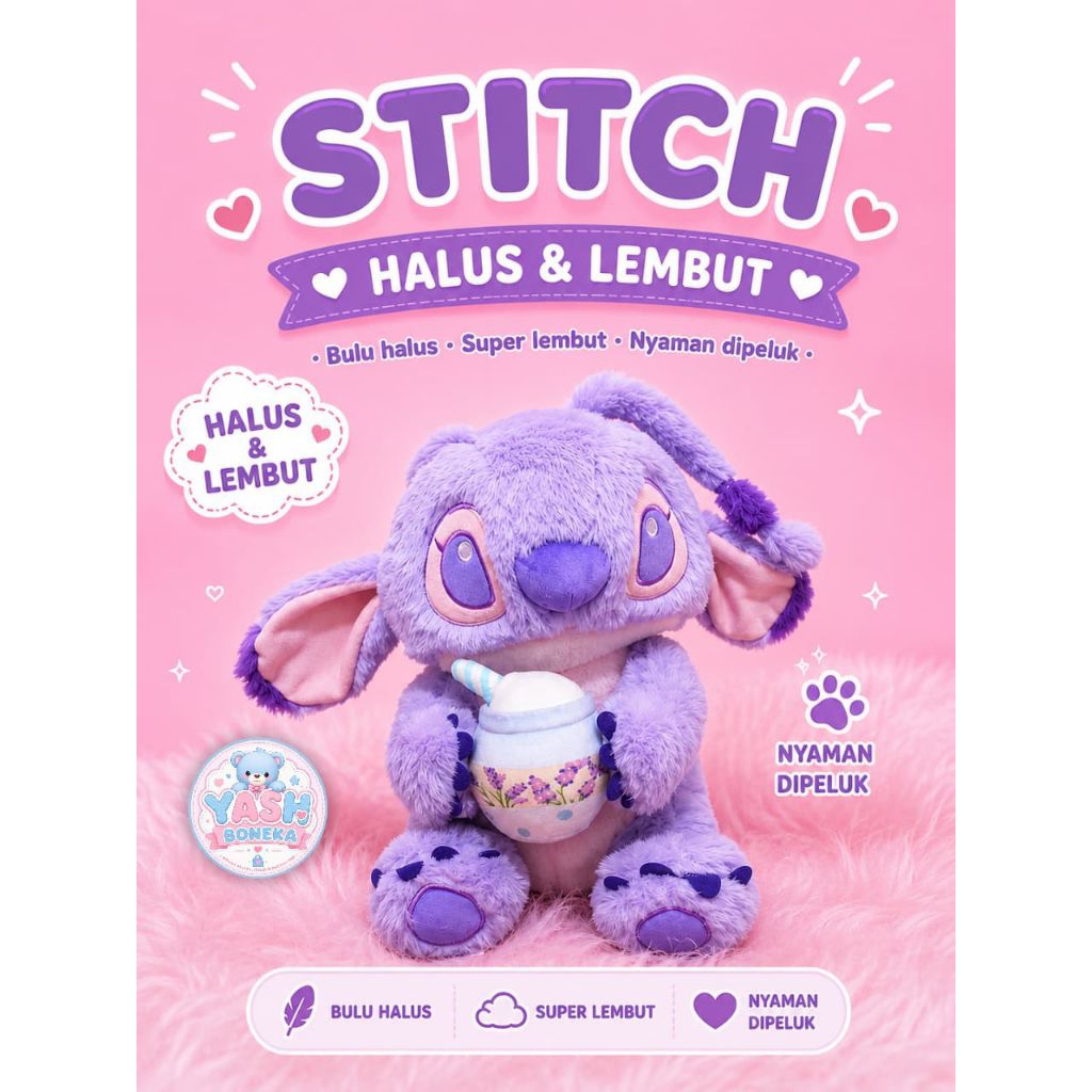 Boneka Stitch Ungu Bulu Halus Lembut Lucu Plush Doll Premium