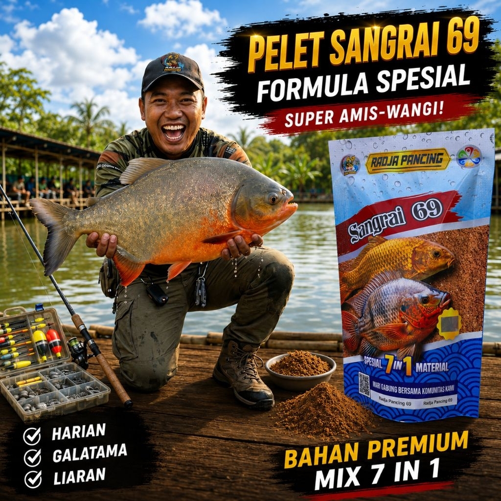 PELET SANGRAI 69 (By Radja Pancing) Umpan ikan Nila, Mas, Bawal, Patin dll. Radja pancing 69 umpan m