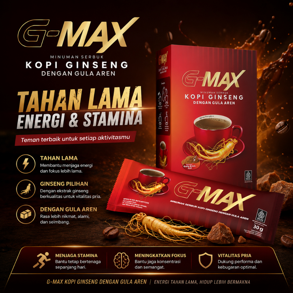 Kopi Ginseng G-MAX 3 Sachet - Menambah Energi dan Stamina Pria, Menggunakan Ginseng dan Gula Aren