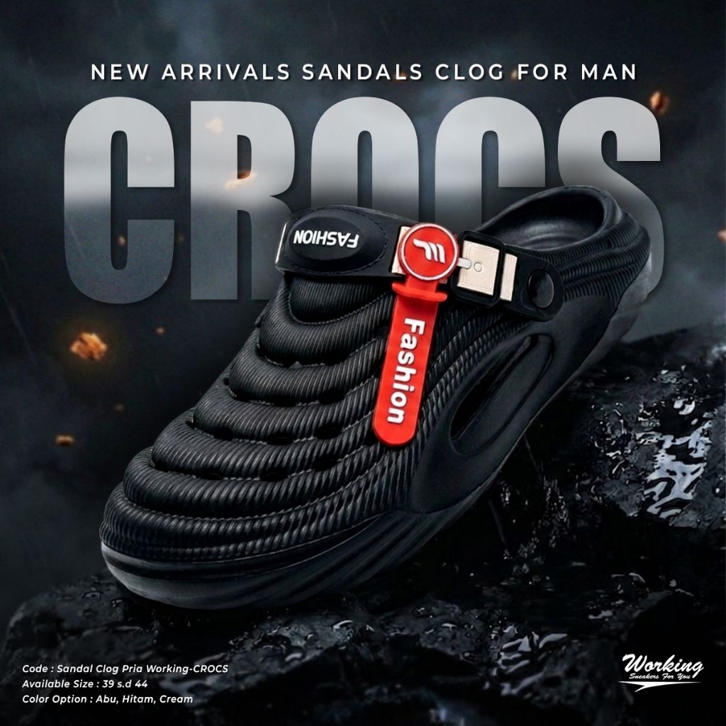Crocs Sandal Clog Pria Working-CROCS New Arrival Sepatu Pria Wanita Hitam Abu Krem Ukuran 39-44 - Sh