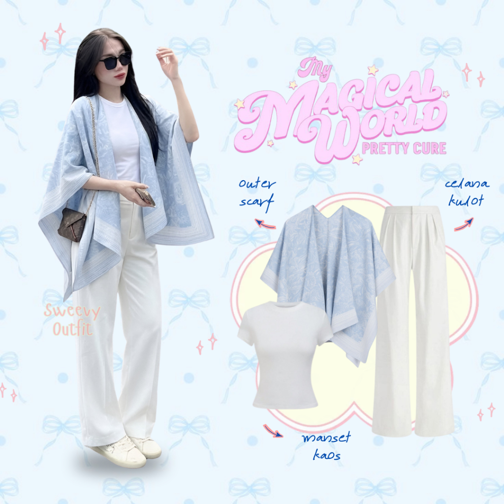 Outfit Set Wanita Soft Girl Korean Style ( Outer Scarf Biru Pastel + Manset Kaos Putih + Celana Kulo