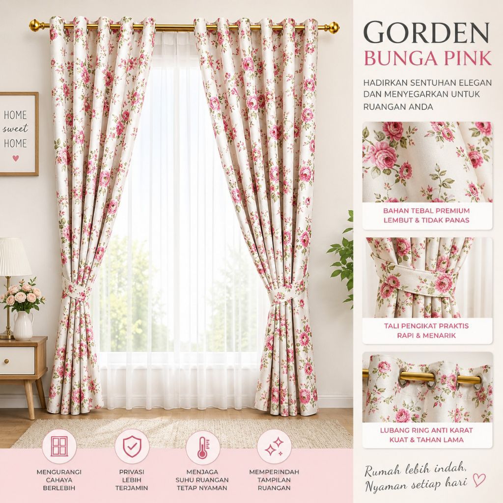 Gorden Pintu Jendela Bahan Blacout Motif Bunga Panda Sabi