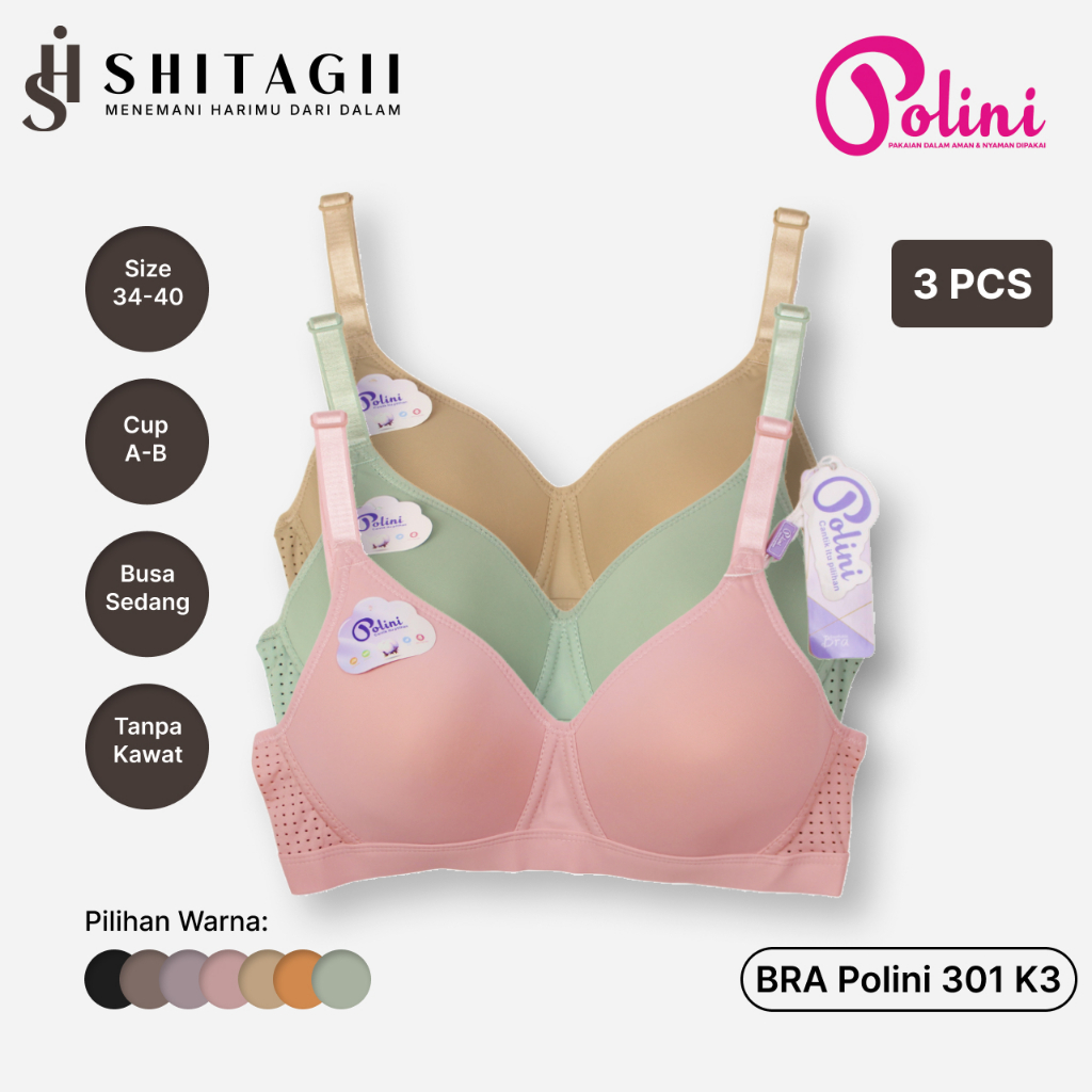 Bra Polini 301 K3 3 Pcs | Tanpa Kawat | BH Wanita Super Nyaman Adem | Cup B | Size 36-42 | Paket 3pc