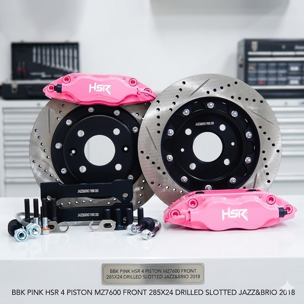 BBK PINK HSR 4 PISTON MZ7600 FRONT 285X24 DRILLED SLOTTED JAZZ&BRIO 2018 BBK BREMBO HSR TERBARU