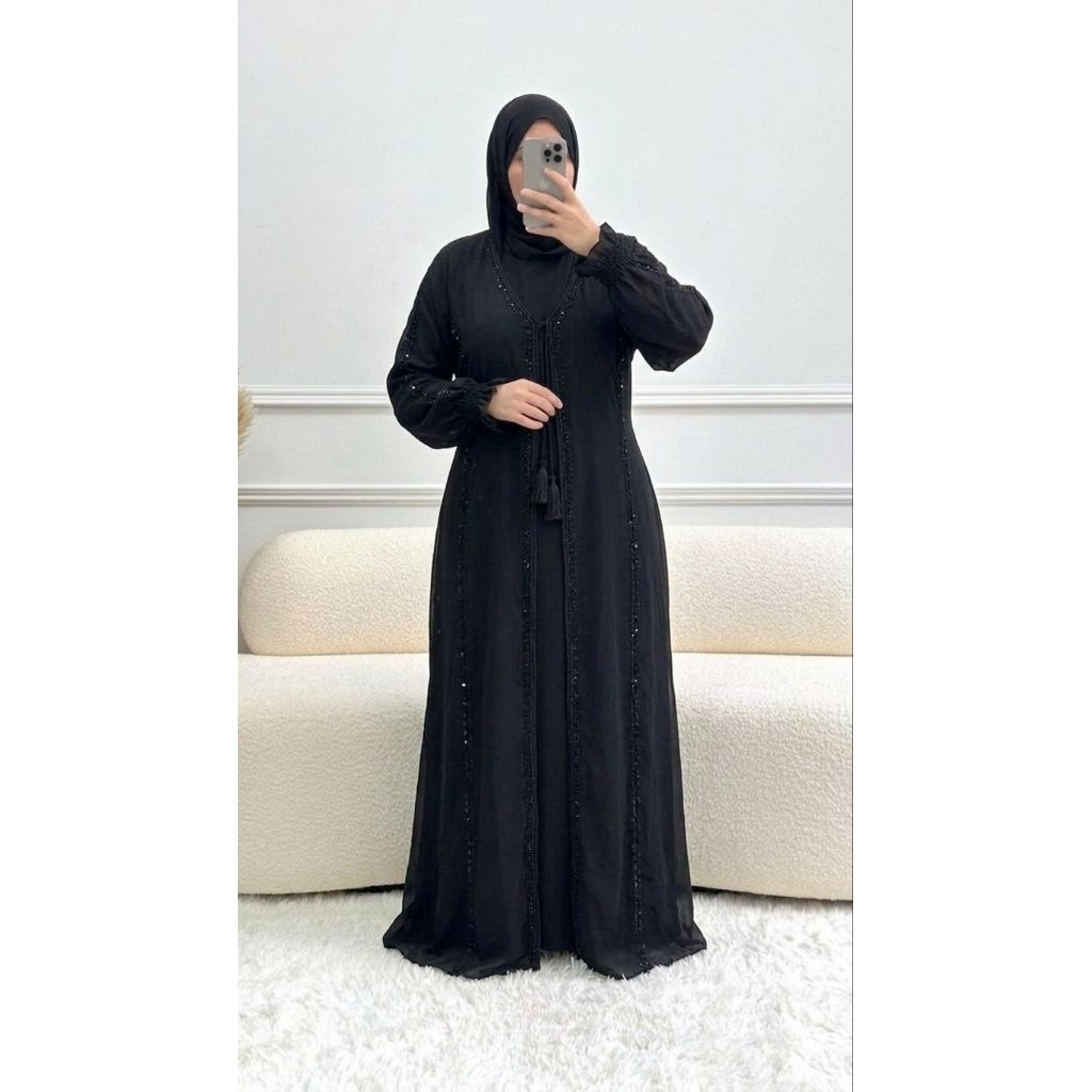 ABAYA OUTER INNER | ABAYA Saudi | Abaya Mewah | ABAYA BLACK GLAM ELEGANT |