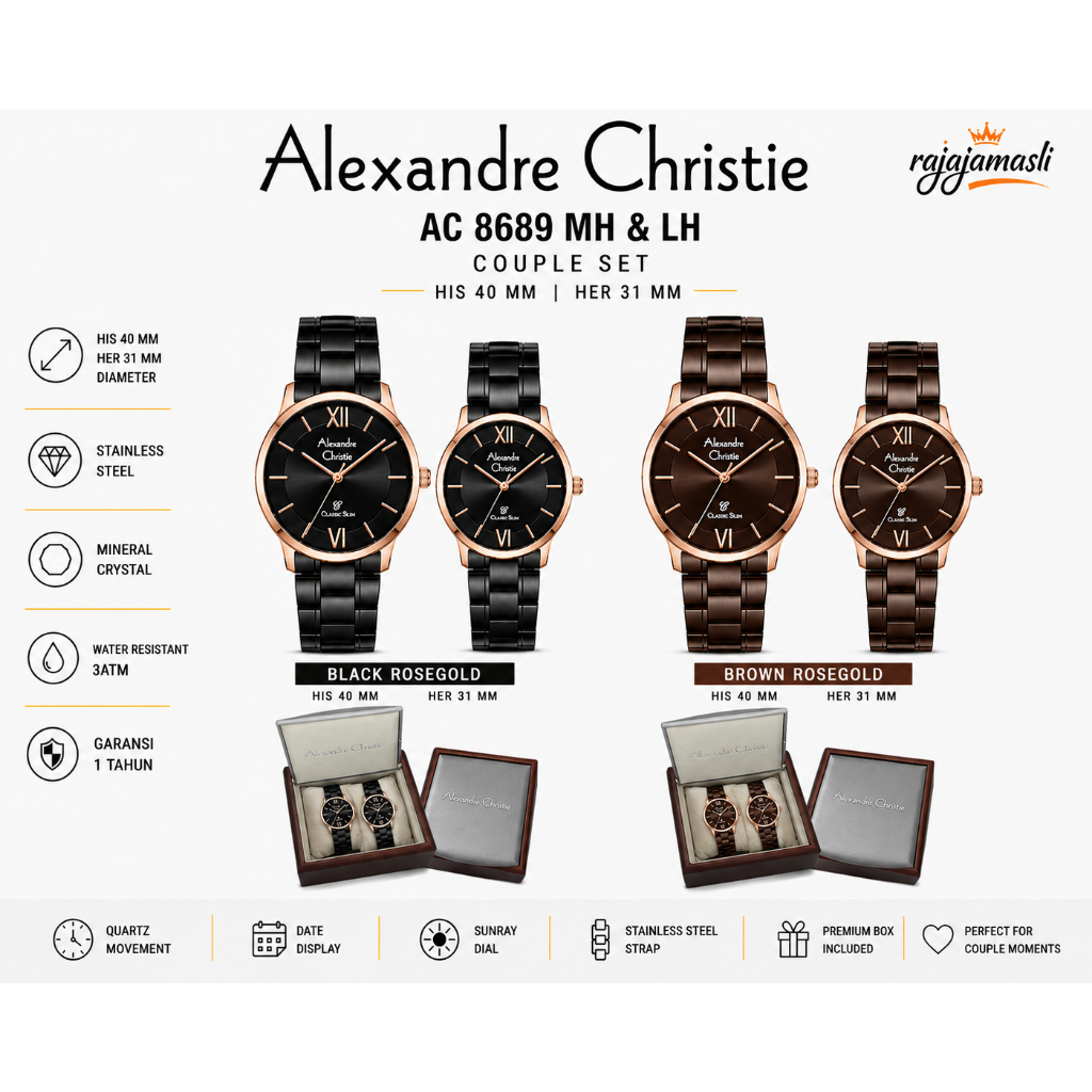 Alexandre Christie Classic AC 8689 Jam Tangan Couple Stainless Steel 40mm Pria & 31mm Wanita Tahan A
